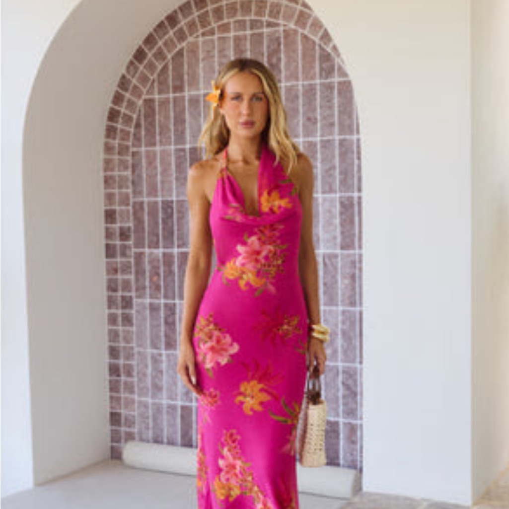 Hello Molly Starlit Island Pink Halter Floral Maxi Dress